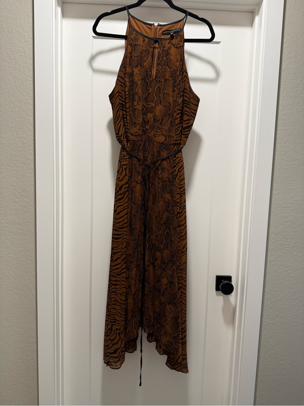 White House Black Market Rust Animal-Print High-Low Halter Dress Size 14
